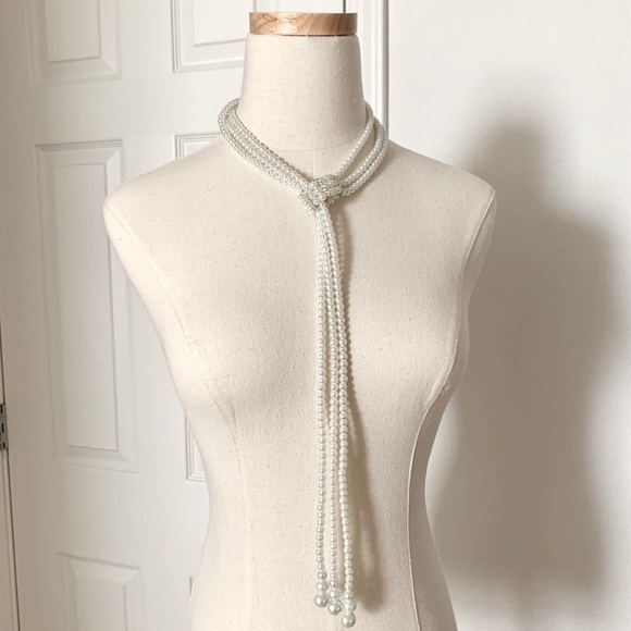 Triple Strand Glass Pearl Crystals Lariat Choker Statement Necklace - Picture 1 of 7